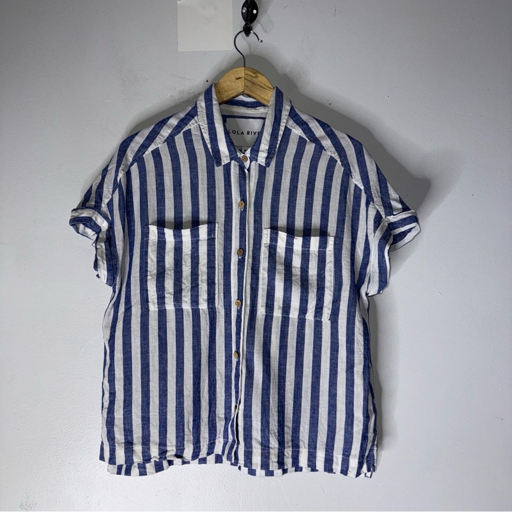 Lola River Blue White‎ Stripe Boxy Collar Short Sleeve Linen Blend Top Medium